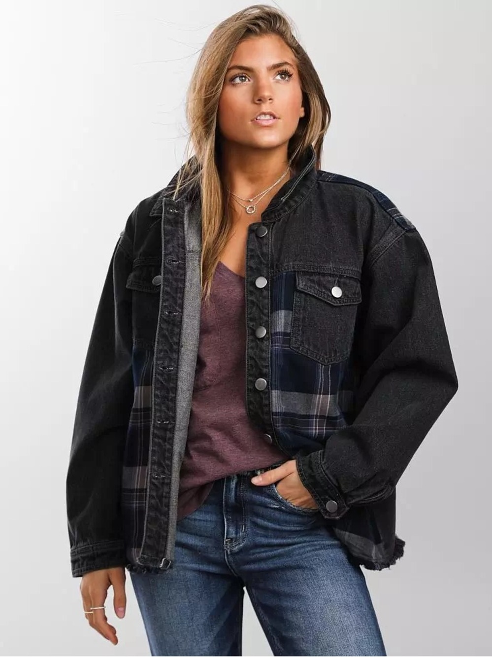 BKE Black Denim Jacket with Plaid Trim